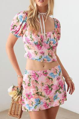 FLORAL BUSTIER PUFF SLEEVE CROP TOP AND SKIRT SET
