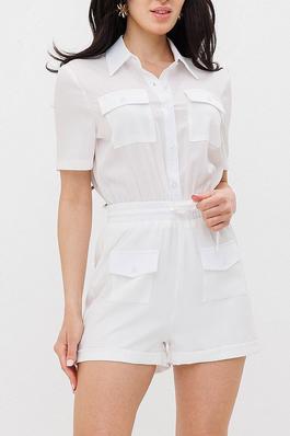 PUFF SLEEVES BUTTON UP POCKETS SELF TIE ROMPER