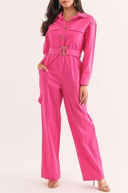 LONG SLEEVE BUTTON UP POCKETS BELTED JUMPSUIT