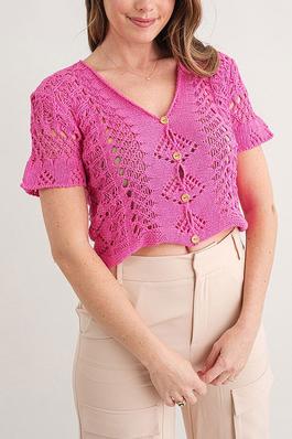 SHORT SLEEVE BUTTON UP KNITTED BLOUSE TOP