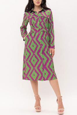 BUTTON UP POCKETS BELTED PRINTED MIDI DRESS
