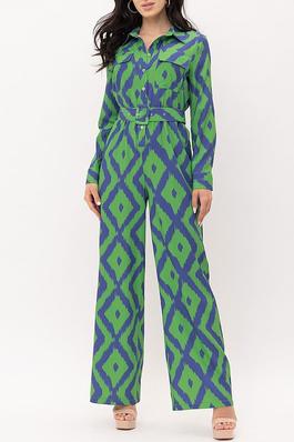 BUTTON UP POCKETS BELTED PRINTED JUMPSUIT