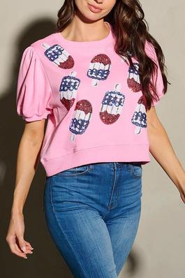 PUFF SLEEVE ICE CREAM SEQUINS PRINT BLOUSE TOP