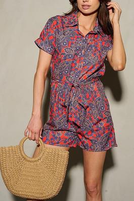 SHORT SLEEVE SELF TIE PAISLEY BUTTON UP ROMPER