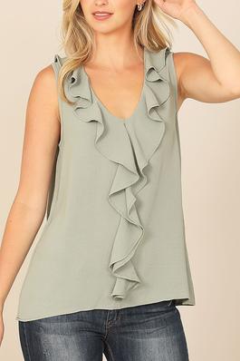 SLEEVELESS RUFFLE DETAIL SOLID TOP