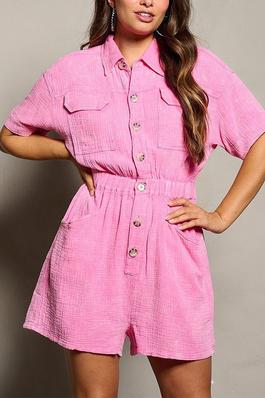 SHORT SLEEVE BUTTON UP POCKETS WASHED ROMPER