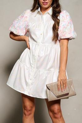 DETAILED SLEEVE BUTTON UP TIERED SHIMMER DRESS