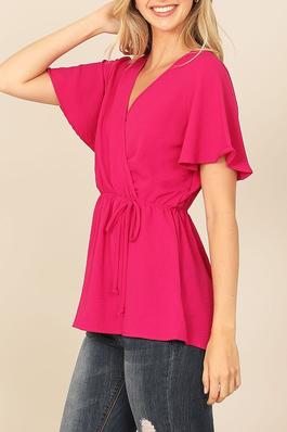RUFFLE BELL SLEEVE WRAP FRONT WAIST TIE SOLID TOP