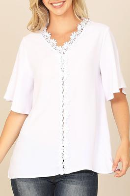 DOLMAN SLEEVE LACE FRONT DETAIL SOLID TOP