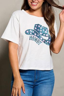 SHORT SLEEVE SEQUINS HOWDY GRAPHIC TOP