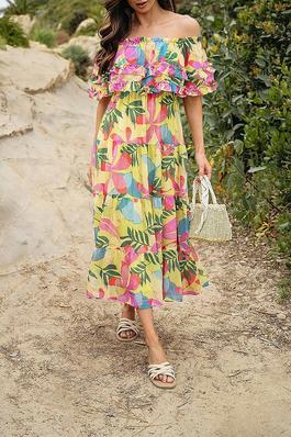 OFF SHOULDER RUFFLE TIERED FLORAL MAXI DRESS