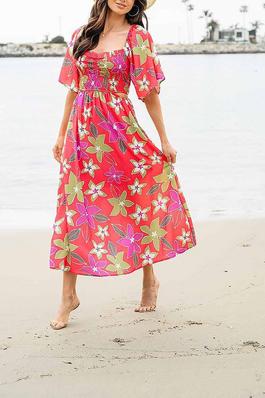 SHORT SLEEVE SMOCK SIDE CUT OUT FLORAL MAXI DRESS