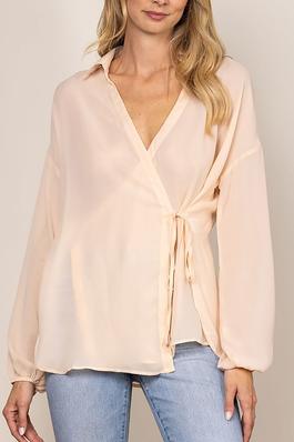 CHIFFON COLLARED FRONT SELF-TIE WRAP TOP