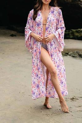 LONG BELL RUFFLE SLEEVE OPEN FRONT FLORAL KIMONO