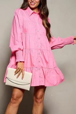 LONG SLEEVE BUTTON UP STUDS TIERED TUNIC DRESS