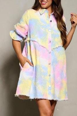BUTTON UP DETAILED POCKETS TIE DYE TUNIC DRESS