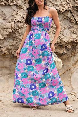 SLEEVELESS SMOCK CUT OUT FLORAL MAXI DRESS