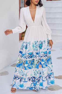 V-NECK TIERED COLORBLOCK PRINTED MAXI DRESS