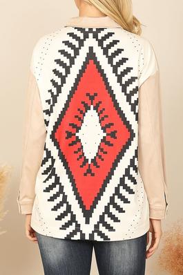 BUTTON DETAIL LONG SLEEVE PRINTED BACK TOP