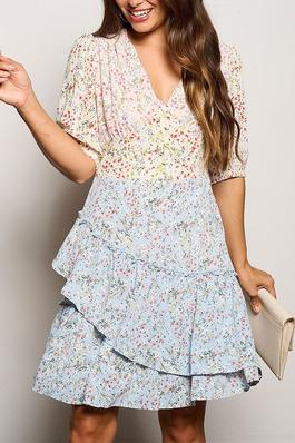 SHORT SLEEVE BUTTON UP RUFFLE TIERED FLORAL DRESS