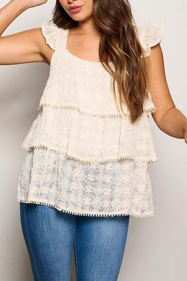 EMBROIDERY TIERED RUFFLE BLOUSE TANK TOP