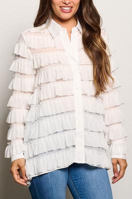 BUTTON CLOSURE TIERED RUFFLE BLOUSE TOP