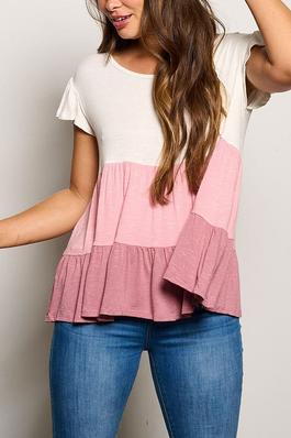 SHORT SLEEVE TIERED COLORBLOCK TUNIC BLOUSE TOP