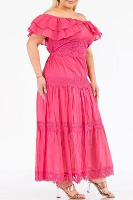 OFF SHOULDER RUFFLE LACE TIERED MAXI DRESS