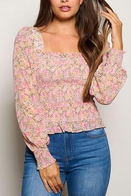 LONG SLEEVE SQUARE NECK SMOCK FLORAL BLOUSE TOP