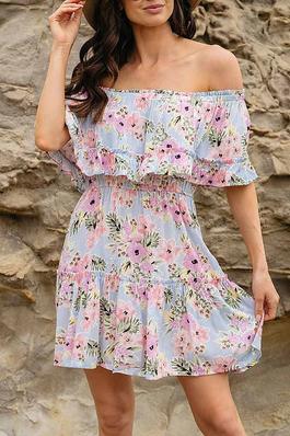OFF SHOULDER RUFFLE TIERED FLORAL MINI DRESS