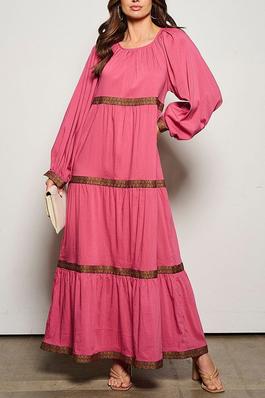 LONG SLEEVE TRIM DETAILED TIERED MAXI DRESS