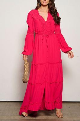 LONG SLEEVE BUTTON UP TIERED MAXI DRESS