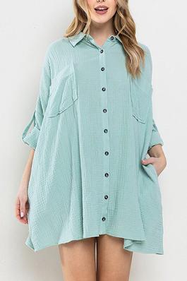 SHORT SLEEVE BUTTON UP POCKETS LOOSE FIT TOP