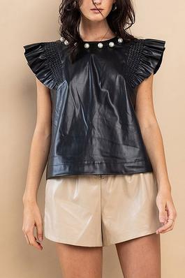 RUFFLE SLEEVE NECK PEARL DETAILED PU PLEATHER TOP