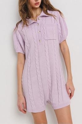 SHORT SLEEVE BUTTON UP POCKETS CABLE KNIT ROMPER