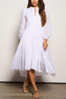 LONG SLEEVE V-NECK BUTTON UP TIERED MAXI DRESS