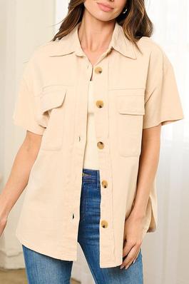 SHORT SLEEVE FRONT POCKETS BUTTON UP BLOUSE TOP