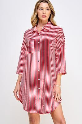 Stripe Print Collared Shirt Dress