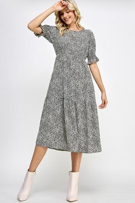 Smocked Ruffle Sleeves Printed Midi Dress