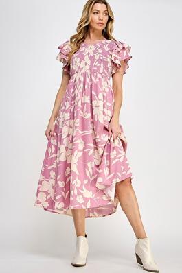 Pink Floral Silhouette Print V-neck  Dress