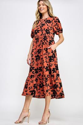 Puff Sleeves Floral Tiered Midi Dress