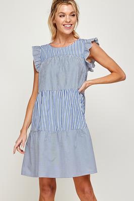 Stripe Print Ruffled Cap Sleeves Short Dress