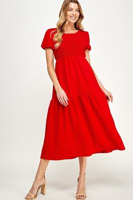 Shirred Chest Puff Sleeves Tiered Midi Dress