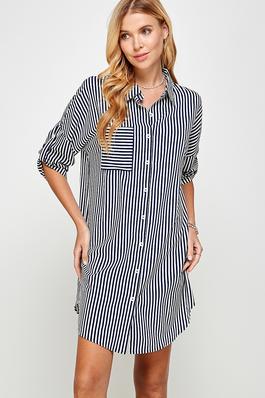 Stripe Print Collared Long Shirt Dress