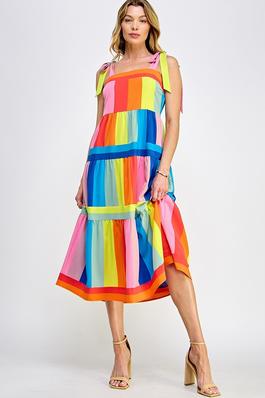 Multicolored Stripe Print Tie Shoulder Midi Dress
