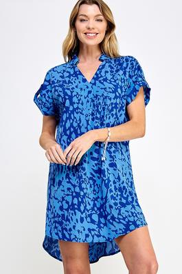 V-Neck Collared Printed Short Dress