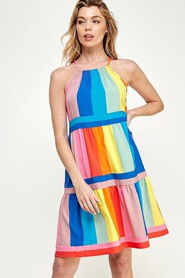 Rainbow Color Tie Shoulder Sleeveless Short Dress
