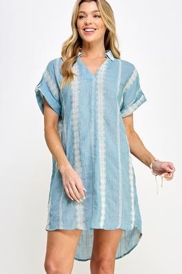 V-Neck Collared Vertical Embroidered Short Dress