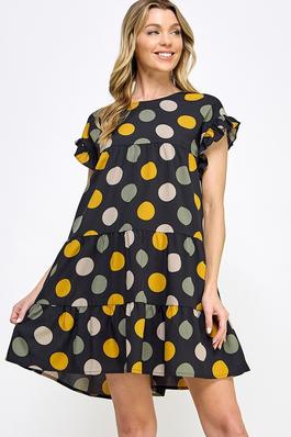 Ruffled Cap Sleeves Tiered Dots Print Short Dress