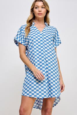 Checkered Print V-Neck Collared Short Dress